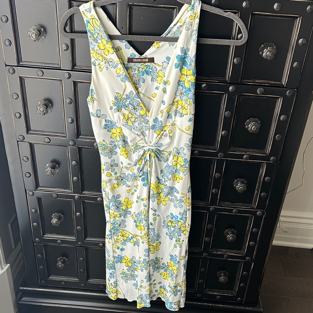 Roberto Cavalli White and Blue Floral Midi Dress
